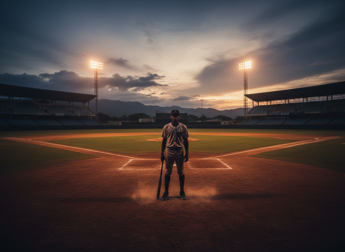 dominican baseball player at home plate at sunset on a baseball stadium under the lights